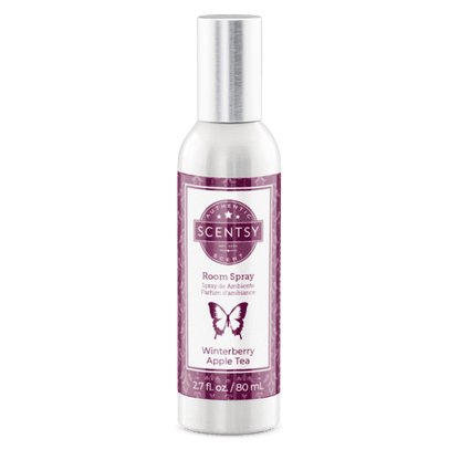 Scentsy room spray bottle with purple label on a white background