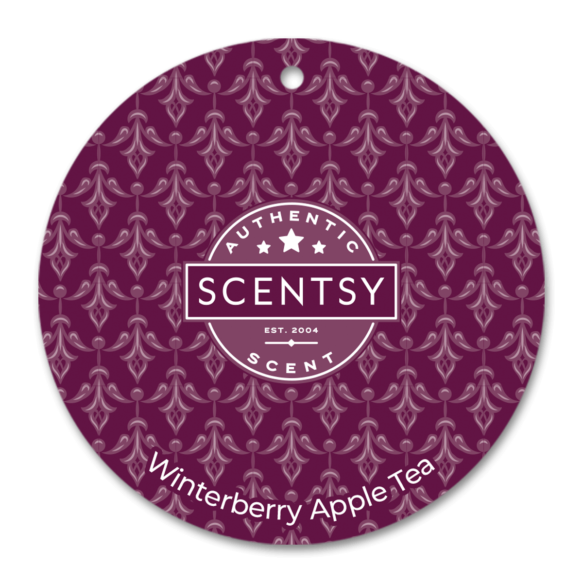 Scentsy scent card with a purple pattern and 'Winterberry Apple Tea' text on a black background