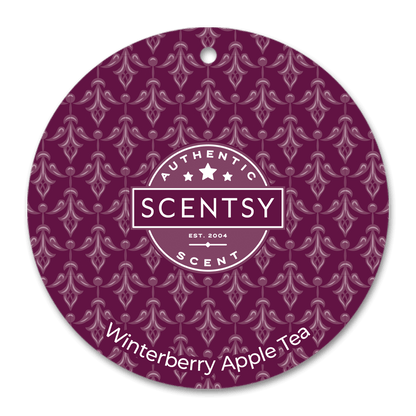 Scentsy scent card with a purple pattern and 'Winterberry Apple Tea' text on a black background