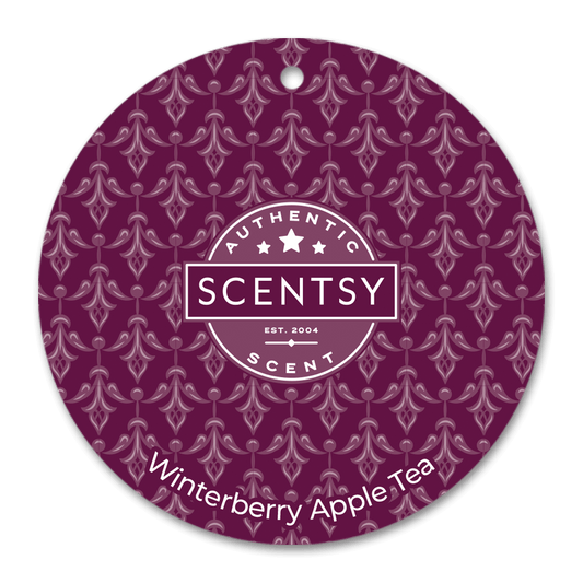 Scentsy scent card with a purple pattern and 'Winterberry Apple Tea' text on a black background