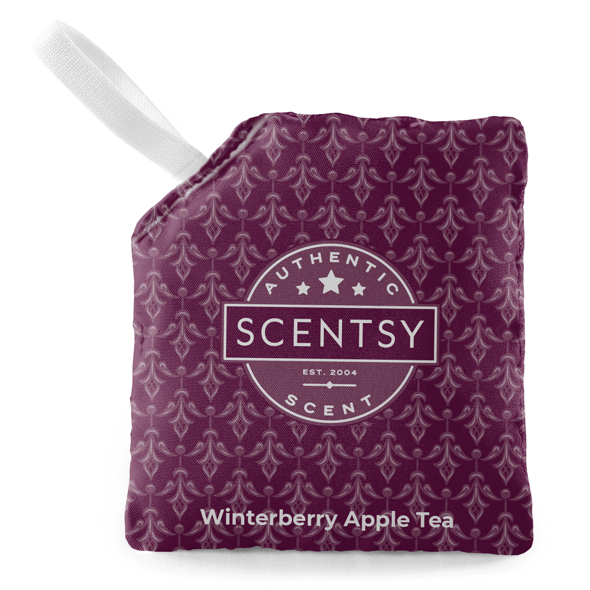 Scentsy Winterberry Apple Tea scent pouch with a white handle on a black background