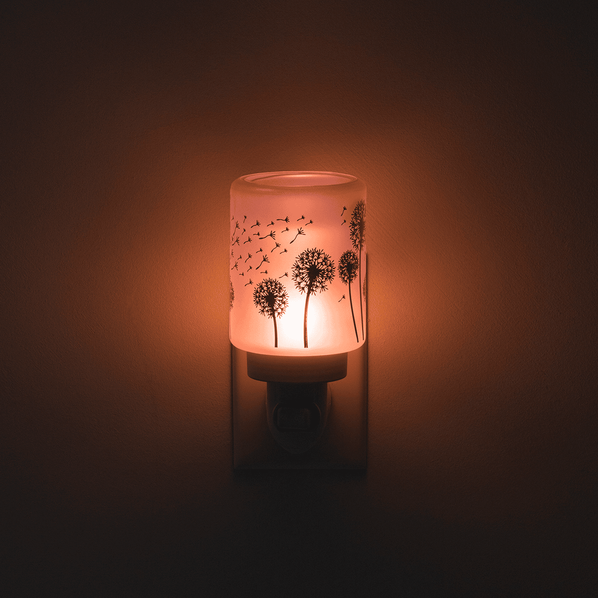 Decorative night light with dandelion design on a dark background