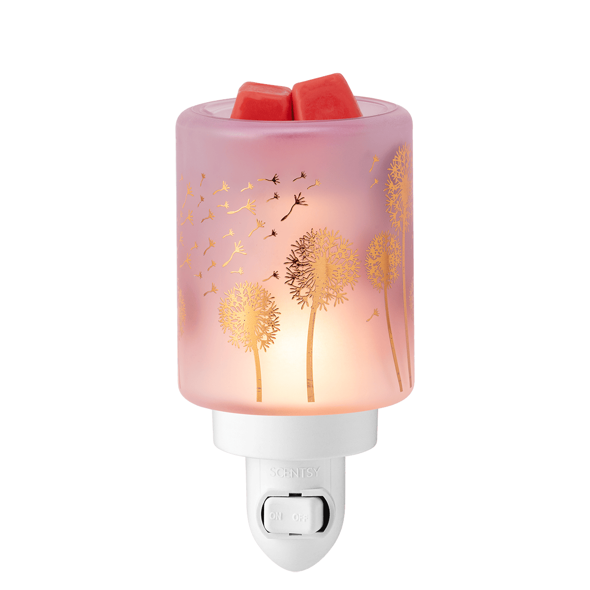 Pink wax warmer with dandelion design on a green background