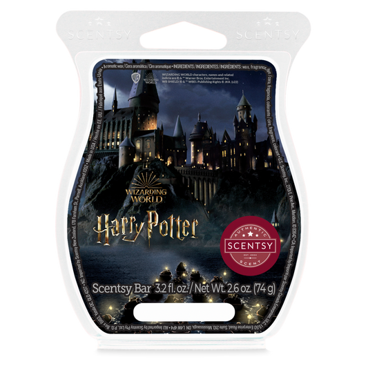 Scentsy bar packaging featuring Harry Potter design with Hogwarts castle.