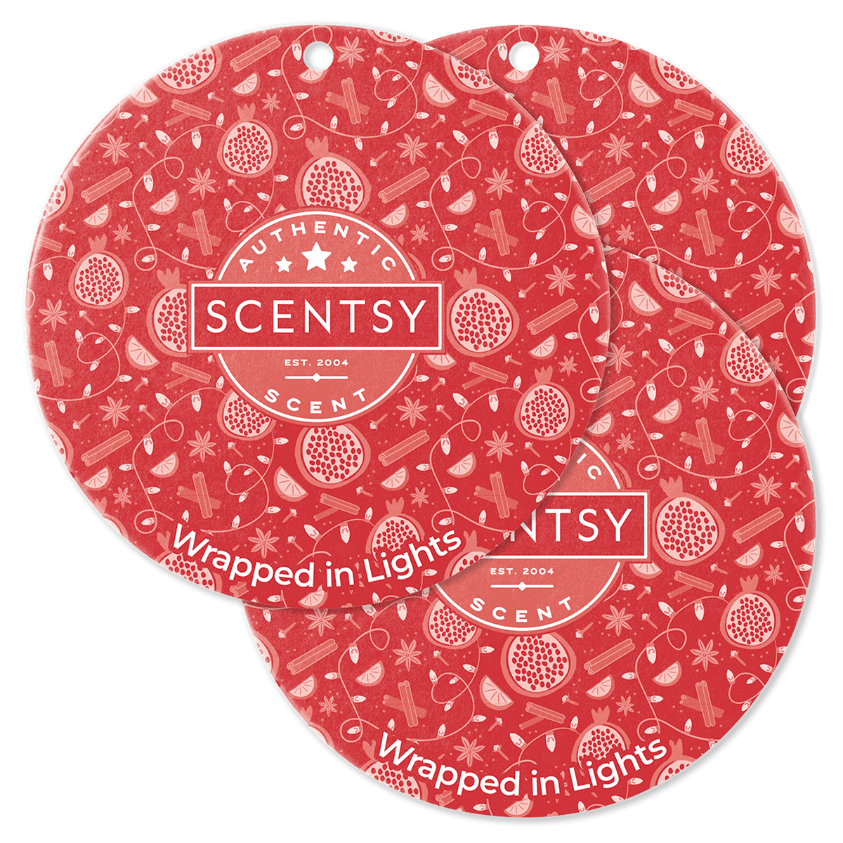 Two Scentsy scented wax product packaging with a red pattern on a green background