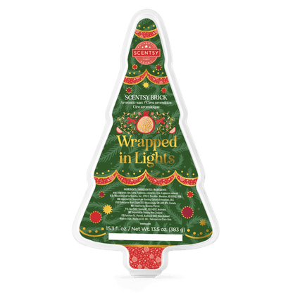 Scentsy Wrapped in Lights brick packaging shaped like a Christmas tree on a white background