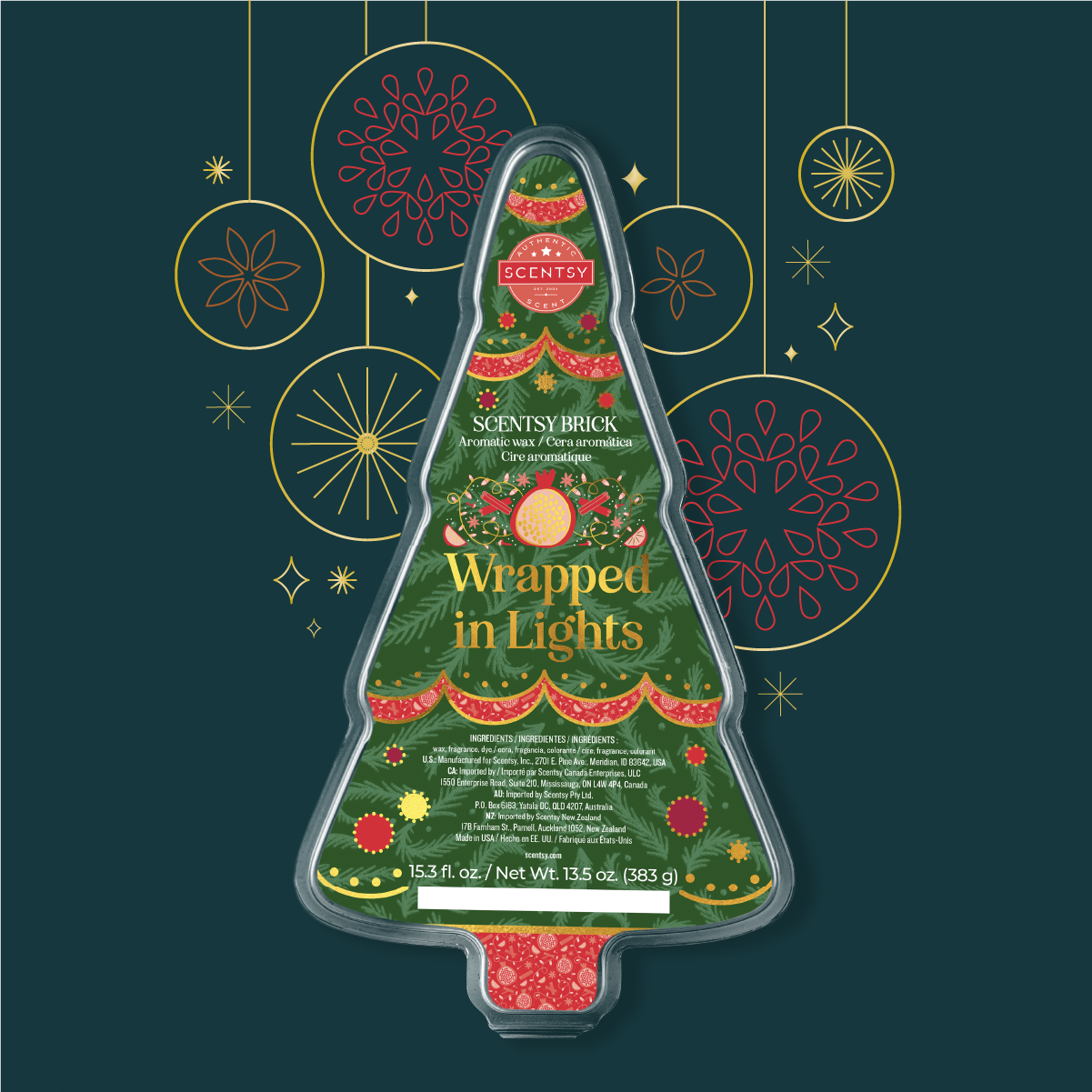 Decorative scentsy brick packaging with Christmas tree design on a dark green background