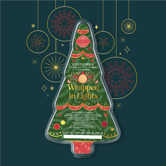 Decorative scentsy brick packaging with Christmas tree design on a dark green background