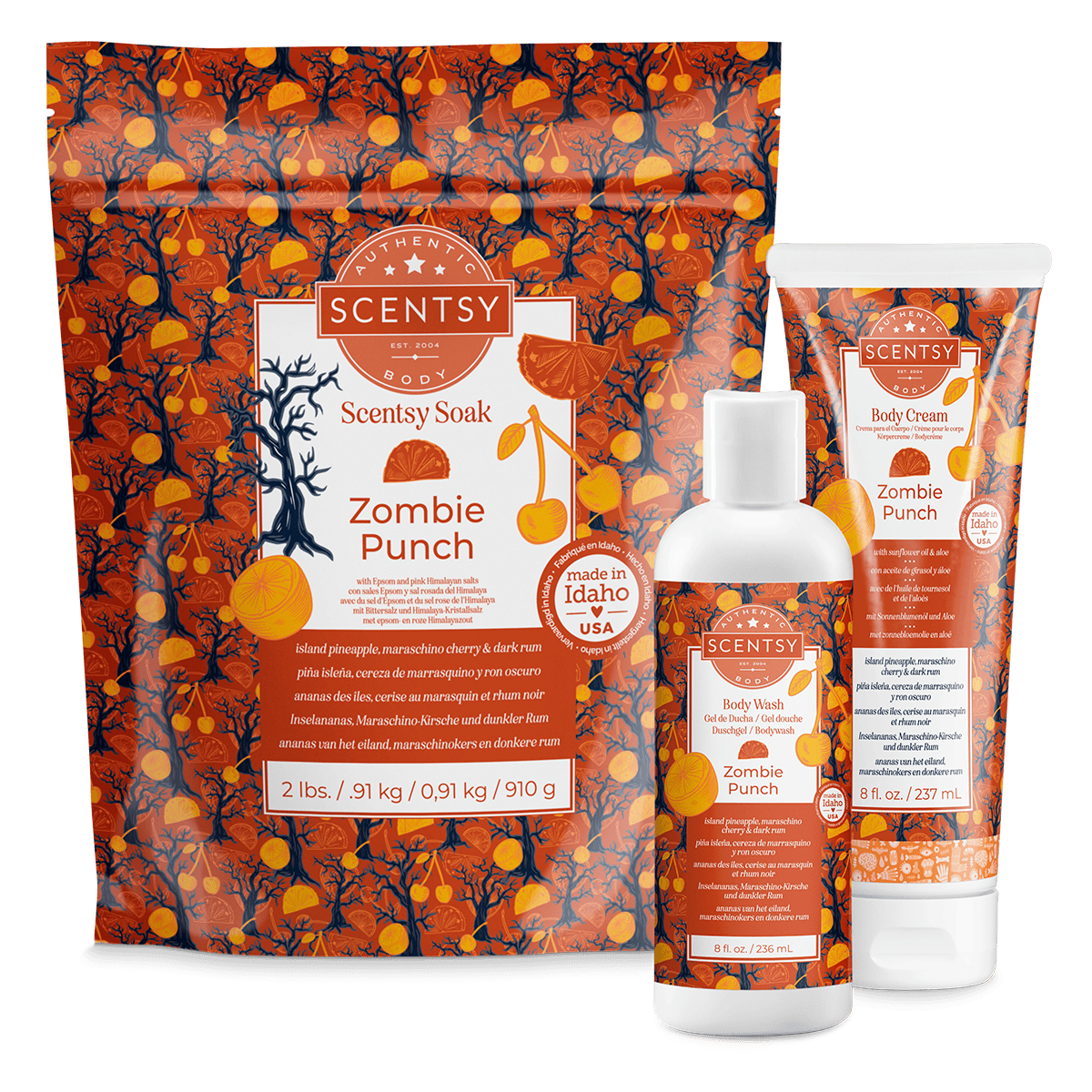 Scentsy Zombie Punch product set including soap, lotion, and body cream on a green background