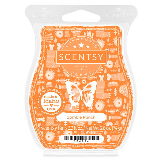 Scentsy bar packaging with orange design and branding on a white background
