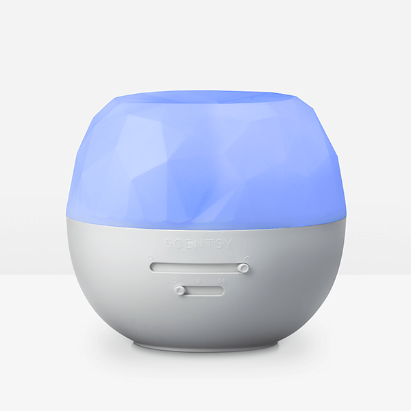 Round humidifier with blue top and gray bottom on a white background
