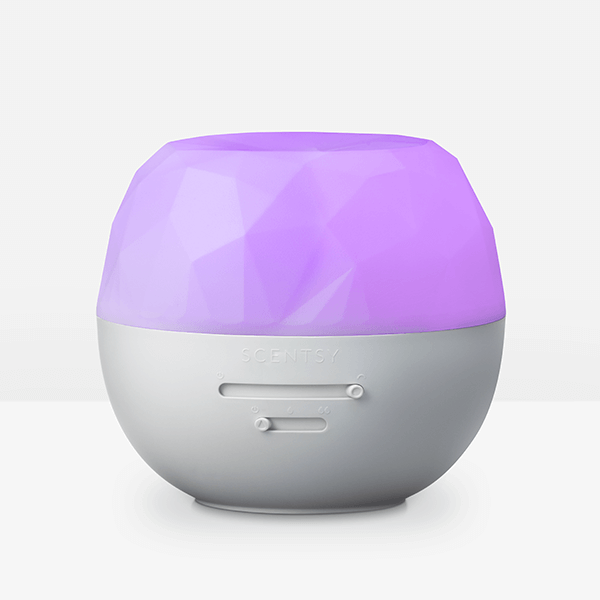 Round device with purple top and gray bottom on a white background