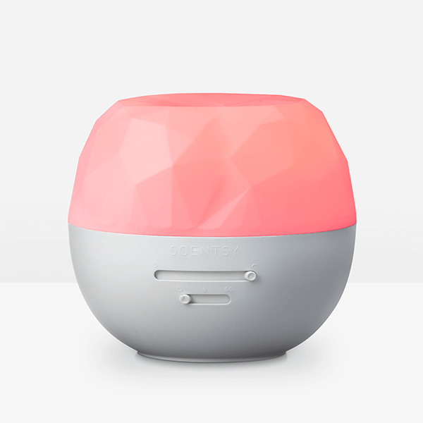 Round device with pink top and gray bottom on a white background