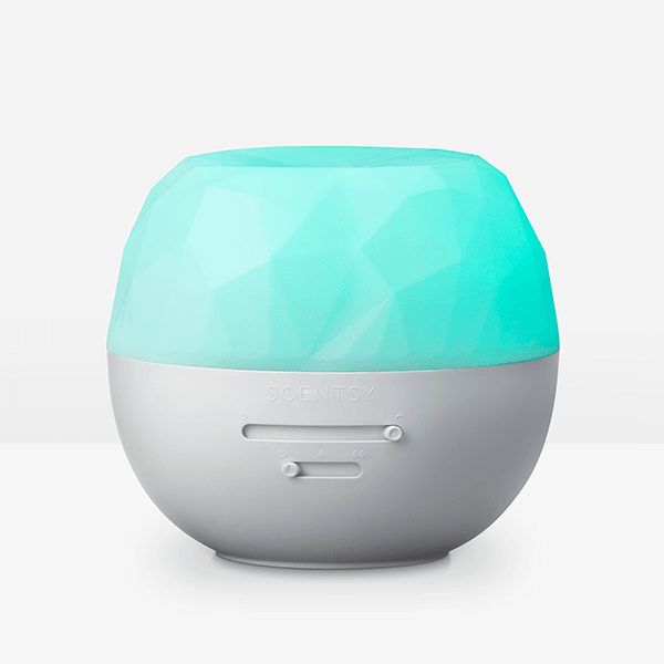 Round device with teal top and gray bottom on a white background